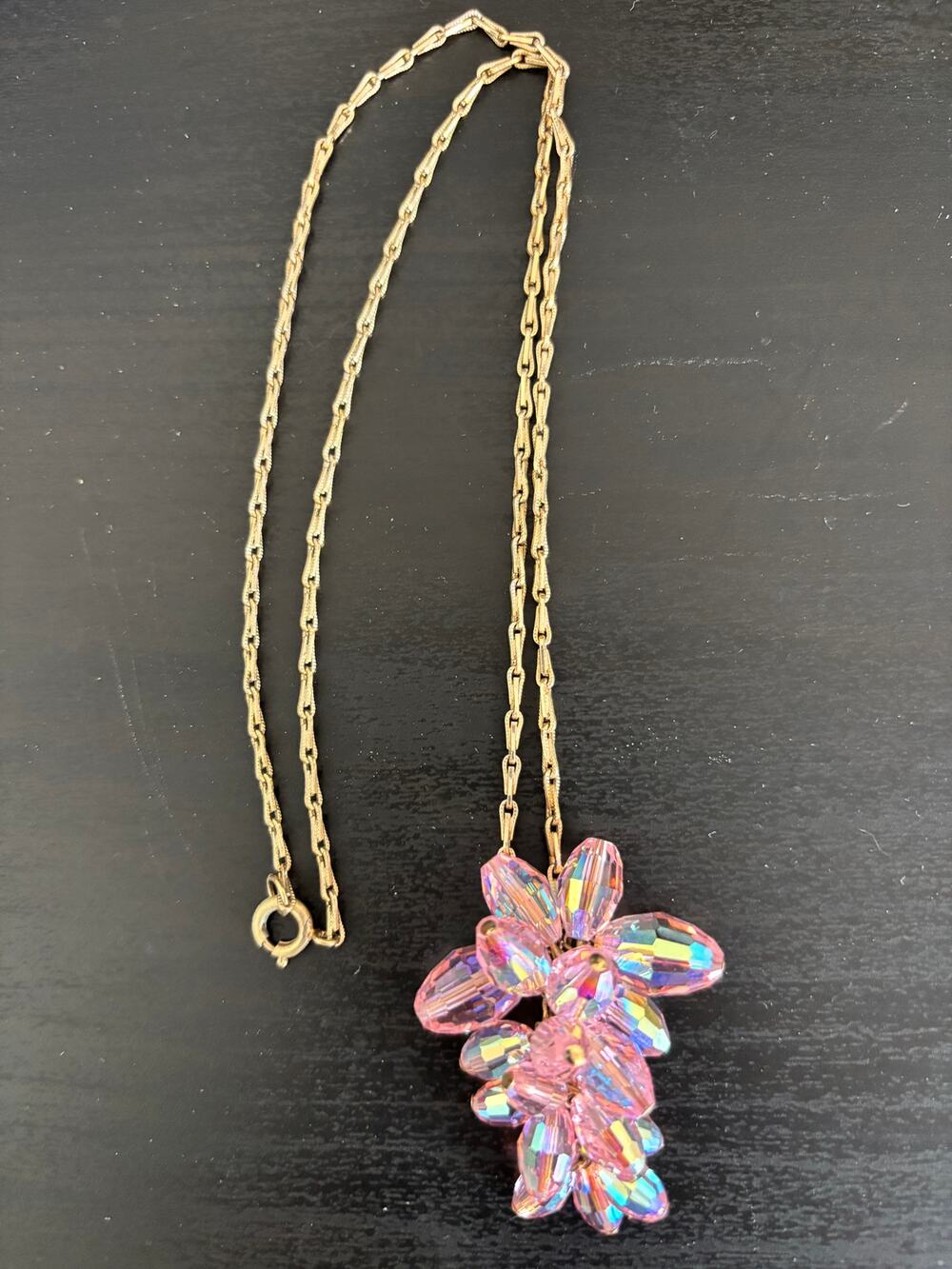 Vintage Pink Aurora Borealis Cluster Pendant Gold Tone Chain Necklace